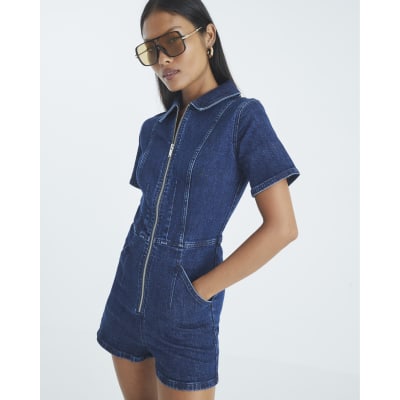 Petite Blue Denim Short Sleeve Zip Playsuit