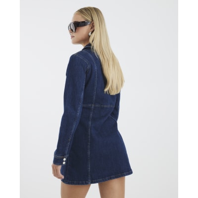 Petite Blue Denim Zip Front Mini Dress