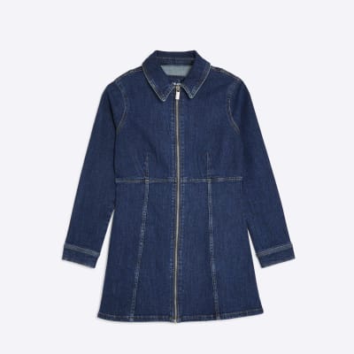 Petite Blue Denim Zip Front Mini Dress