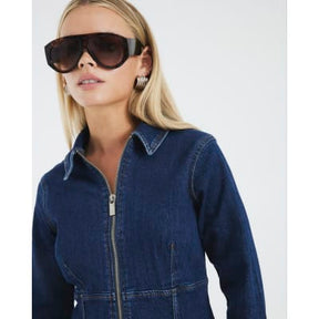 Petite Blue Denim Zip Front Mini Dress