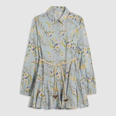 Petite Blue Floral Belted Shirt Dress