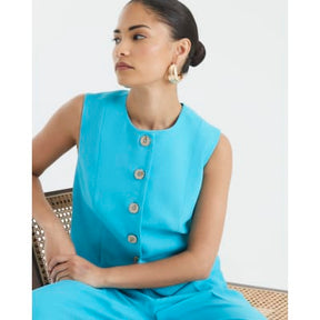 Petite Blue High Neck Fitted Waistcoat