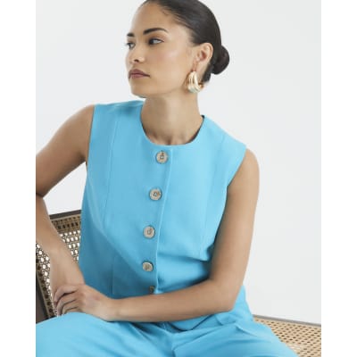 Petite Blue High Neck Fitted Waistcoat