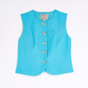 Petite Blue High Neck Fitted Waistcoat