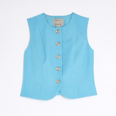 Petite Blue High Neck Fitted Waistcoat