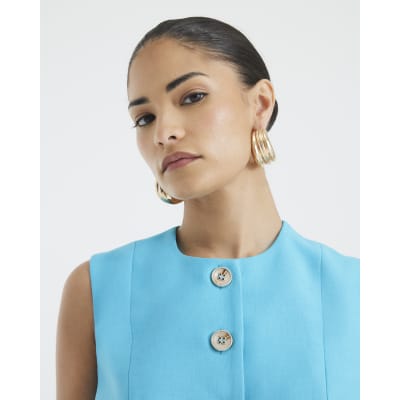 Petite Blue High Neck Fitted Waistcoat