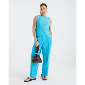 Petite Blue High Neck Fitted Waistcoat