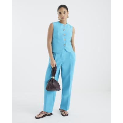 Petite Blue High Neck Fitted Waistcoat