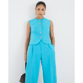 Petite Blue High Neck Fitted Waistcoat
