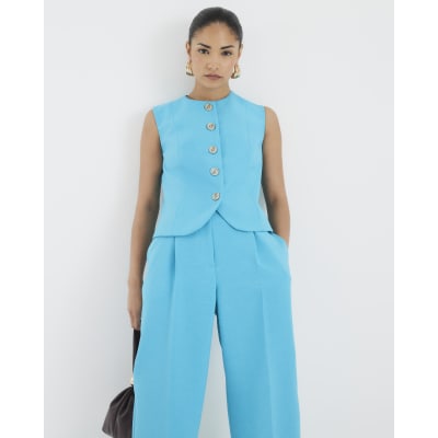 Petite Blue High Neck Fitted Waistcoat