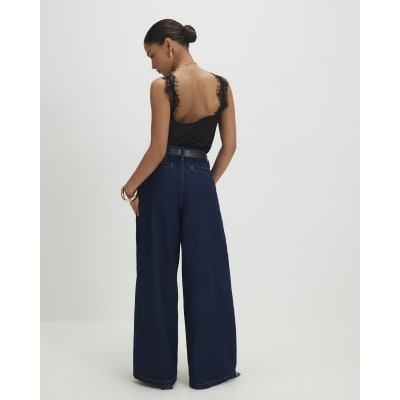 Petite Blue High Rise Pleated Wide Leg Jeans