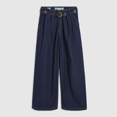 Petite Blue High Rise Pleated Wide Leg Jeans