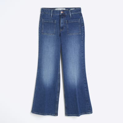 Petite Blue High Rise Relaxed Flare Jeans