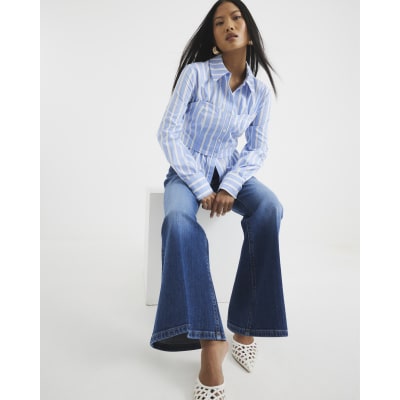Petite Blue High Rise Relaxed Flare Jeans