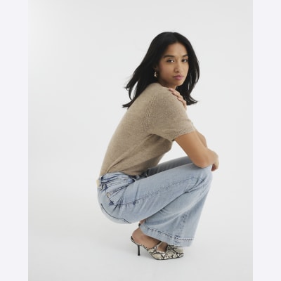 Petite blue high waisted flared jeans