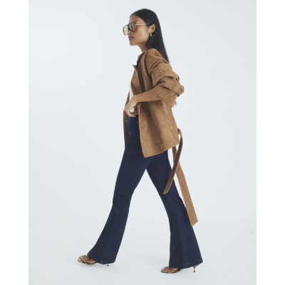 Petite Blue High Waisted Pull On Flared Jeans