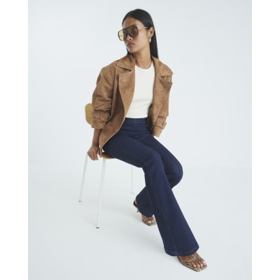 Petite Blue High Waisted Pull On Flared Jeans