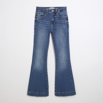 Petite blue mid rise flared jeans