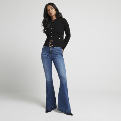 Petite blue mid rise flared jeans