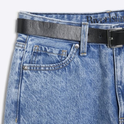 Petite Blue Relaxed Straight Leg Belted Jeans