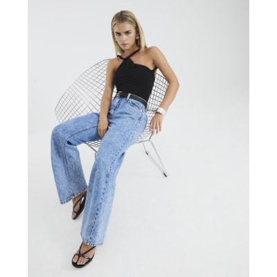 Petite Blue Relaxed Straight Leg Belted Jeans