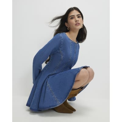 Petite Blue Seamed Denim Mini Dress