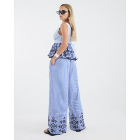 Petite Blue Stripe Cutwork Wide Leg Trousers