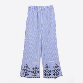 Petite Blue Stripe Cutwork Wide Leg Trousers