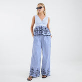 Petite Blue Stripe Cutwork Wide Leg Trousers