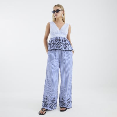 Petite Blue Stripe Cutwork Wide Leg Trousers