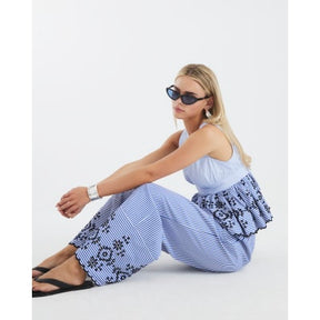 Petite Blue Stripe Cutwork Wide Leg Trousers