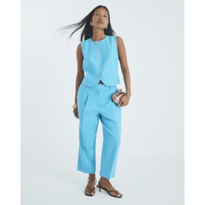 Petite Blue Tapered Straight Leg Trousers