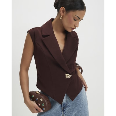 Petite Brown Cap Sleeve Twill Waistcoat