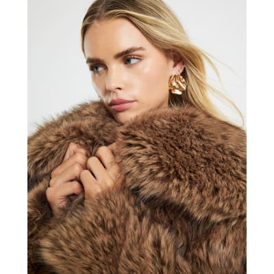 Petite Brown Faux Fur Collared Jacket