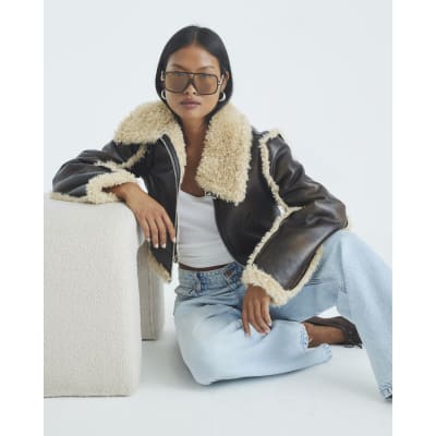 Petite Brown Faux Shearling Aviator Jacket
