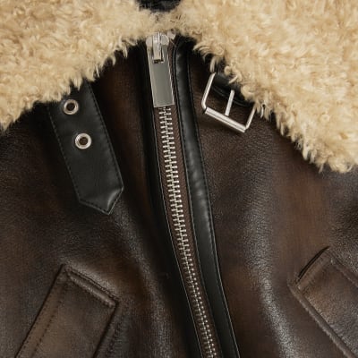 Petite Brown Faux Shearling Aviator Jacket