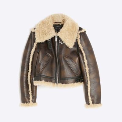 Petite Brown Faux Shearling Aviator Jacket