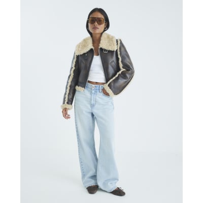 Petite Brown Faux Shearling Aviator Jacket