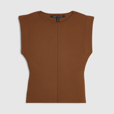 Petite Brown Fitted Knit Sleeveless Top