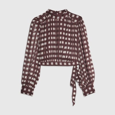 Petite Brown Gingham Crop Top