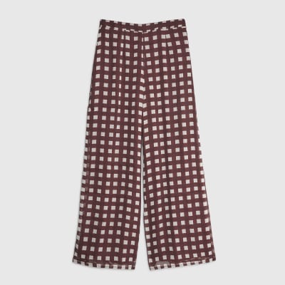 Petite Brown Gingham Wide Leg Trousers