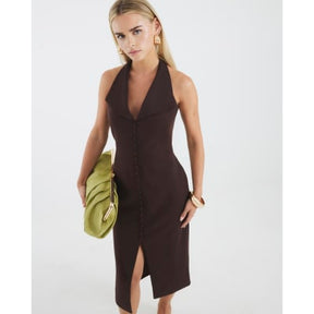 Petite Brown Halter Neck Midi Waistcoat Dress