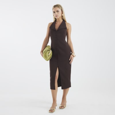 Petite Brown Halter Neck Midi Waistcoat Dress