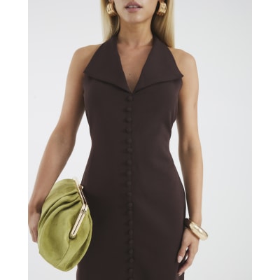 Petite Brown Halter Neck Midi Waistcoat Dress
