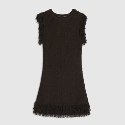 Petite Brown Knitted Fringe Trim Mini Dress