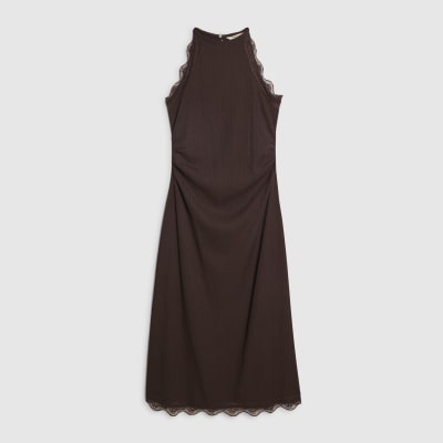 Petite Brown Lace Trim Textured Dress
