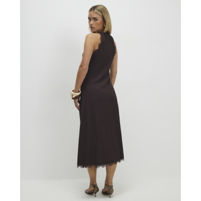 Petite Brown Lace Trim Textured Dress
