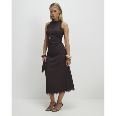 Petite Brown Lace Trim Textured Dress