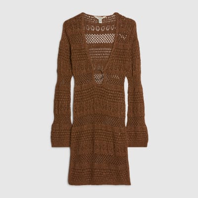 Petite Brown Metallic Knit Mini Beach Dress