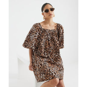 Petite Brown Puff Sleeve Leopard Mini Dress